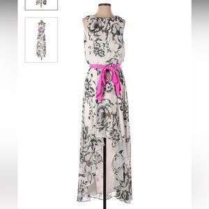 Eliza J | Floral White + Black Dress w. Pink Sash